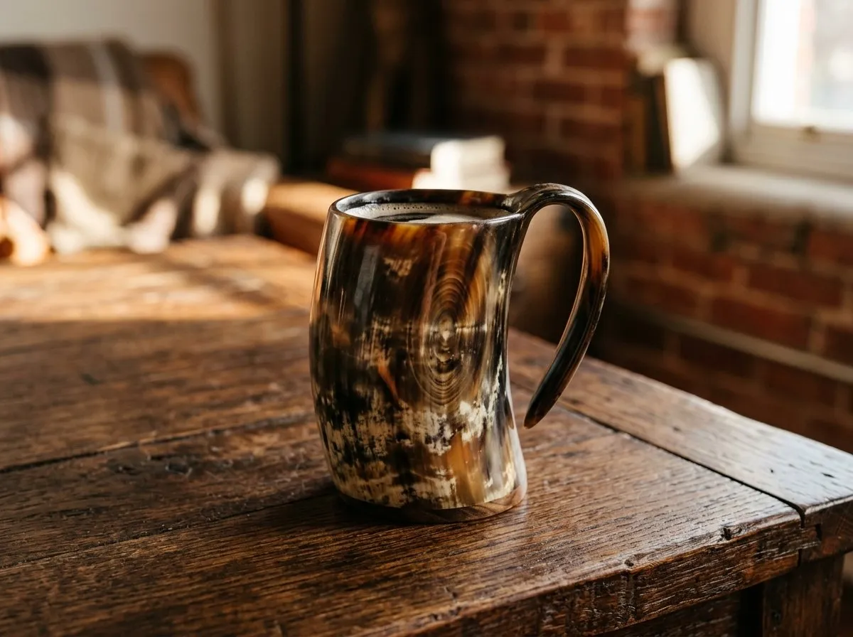 Placeholder image of a drinking horn mug on a wooden table